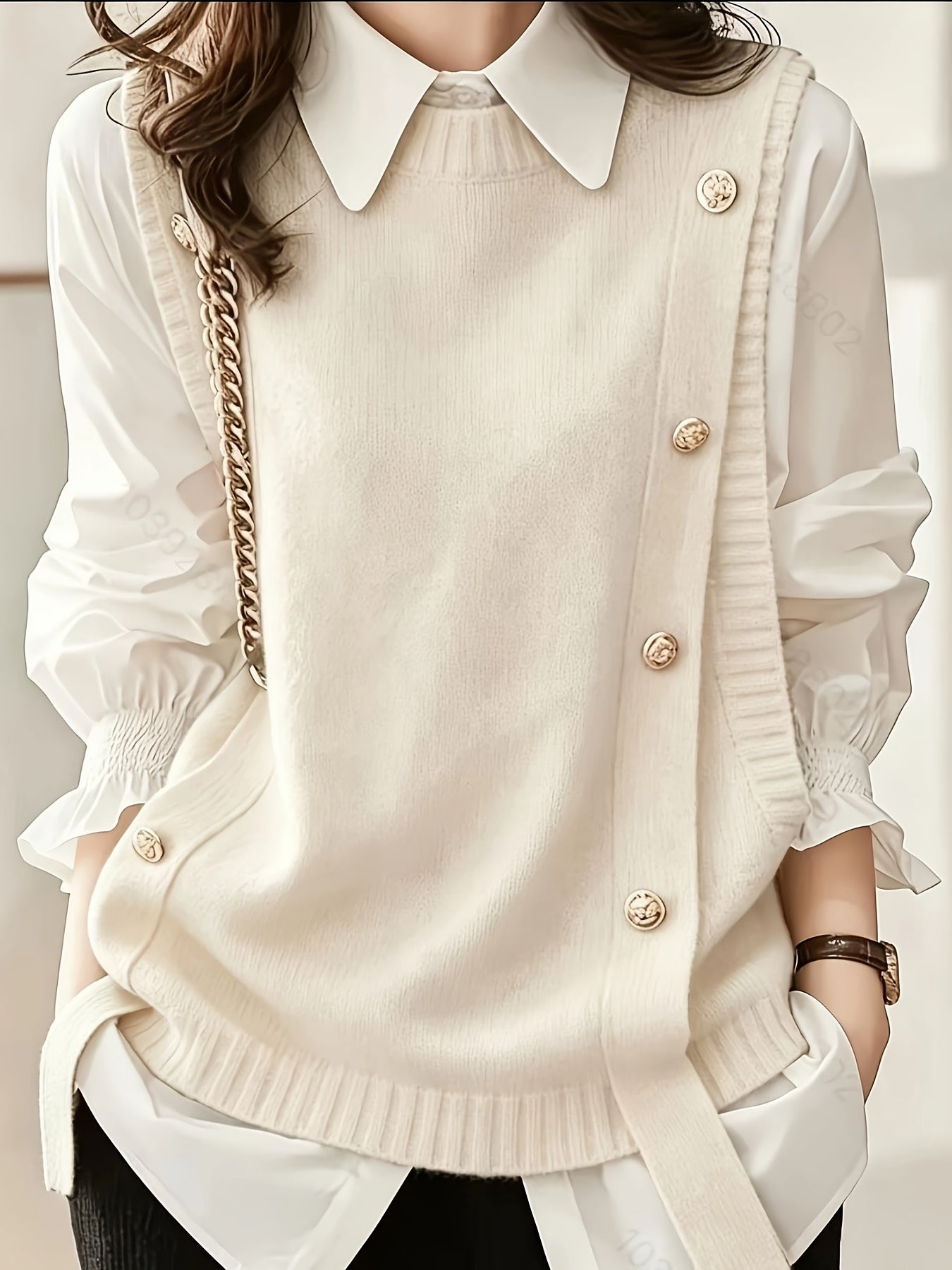 Comfortable Sweater Vest for Women with Round Neck Sleeveless Button Trim Relaxed Oversized Style