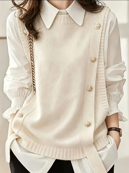 Comfortable Sweater Vest for Women with Round Neck Sleeveless Button Trim Relaxed Oversized Style