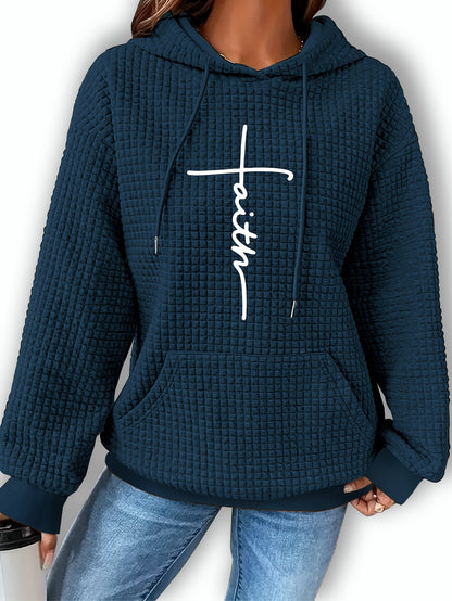 Comfortable Waffle Knit Graphic Hoodie for Women with Drawstring Hood Long Sleeve Oversized Relaxed Style