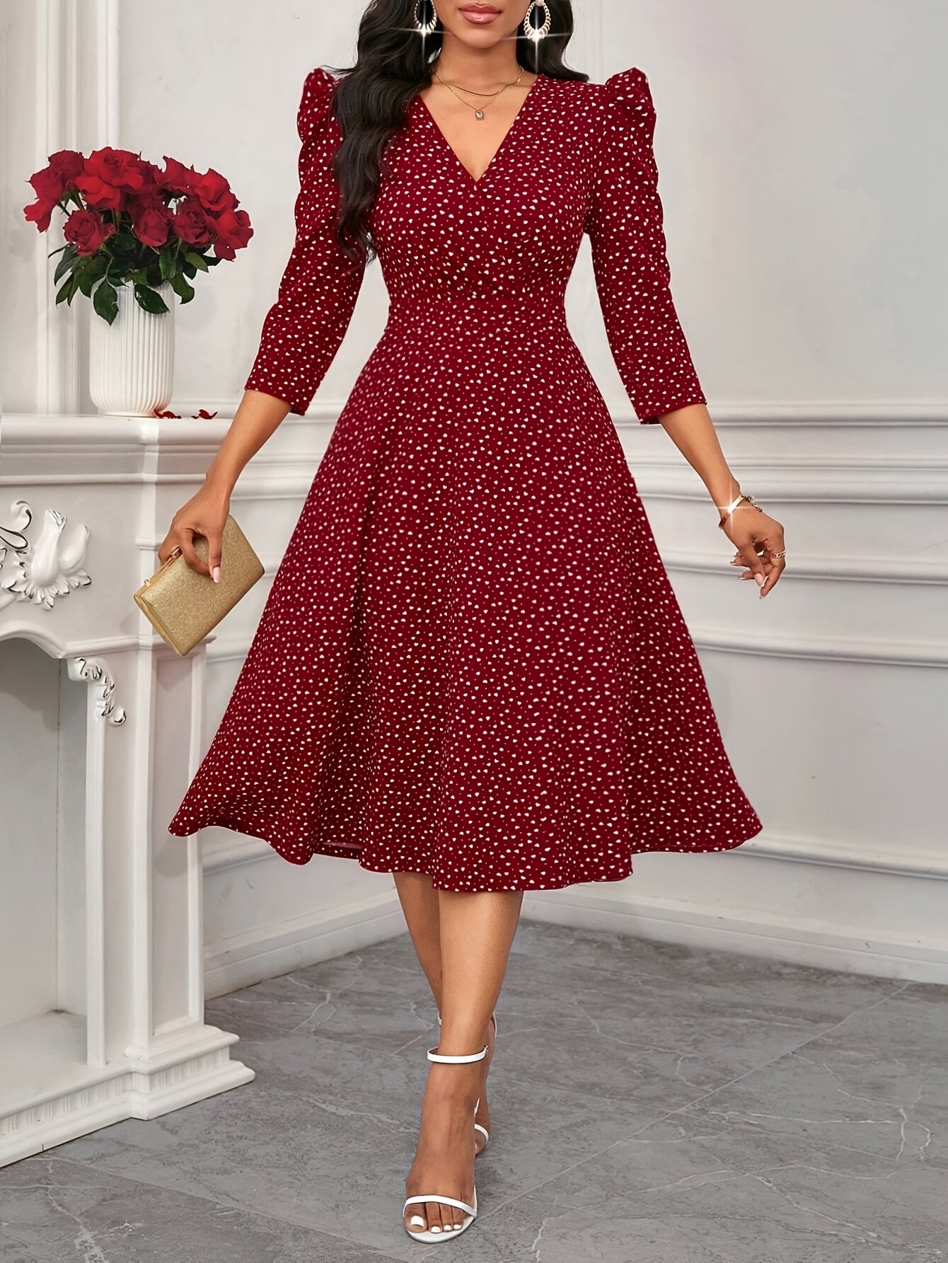 2026 New Valentine's Day/New Year Party/Suitable for Daily Work Wear/Suitable for All Seasons Elegant Fashion Versatile Daily Date V-Neck 3/4 Sleeve Waist Flared Long Red and Blue Women's Elegant Dress, Women's Polka Dot Small Heart Print Dress
