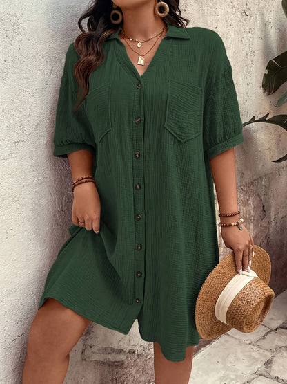 Effortless Textured Cotton Shirt Dress for Women with Collared V Neck Half Sleeve Button Front Relaxed Casual Style