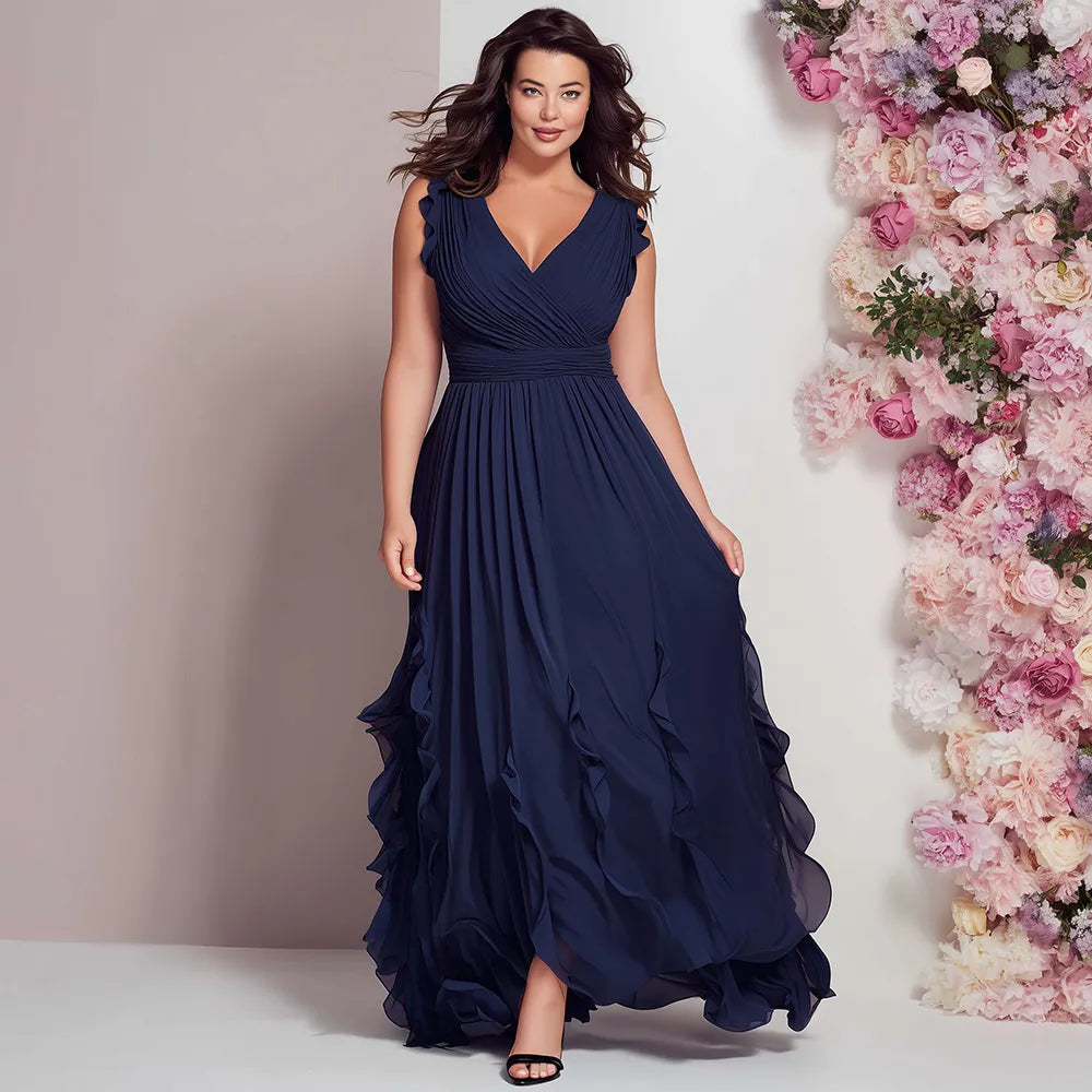 Elegant Navy Blue Maxi Dress for Women with V Neck Ruffle Strap Ruched Waist Flowing Wedding Guest Style