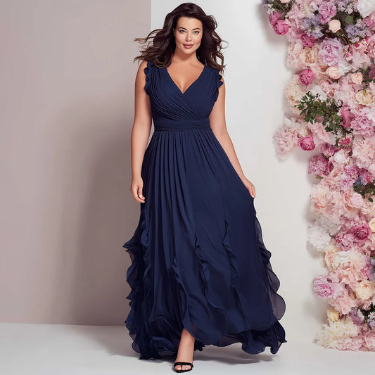 Elegant Navy Blue Maxi Dress for Women with V Neck Ruffle Strap Ruched Waist Flowing Wedding Guest Style