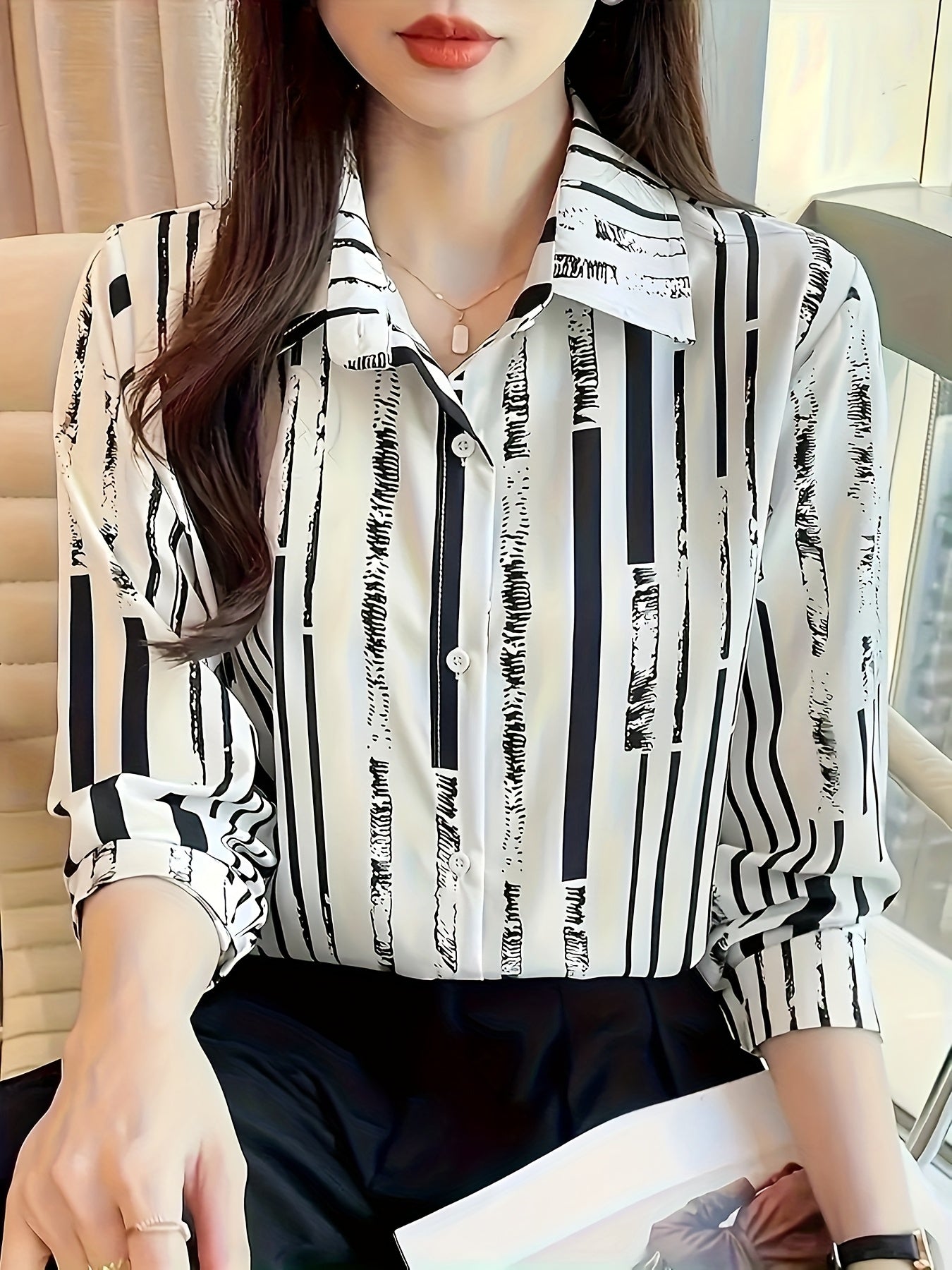 Effortless Striped Chiffon Blouse for Women with Collar Long Sleeve Button Front Relaxed Silky Style