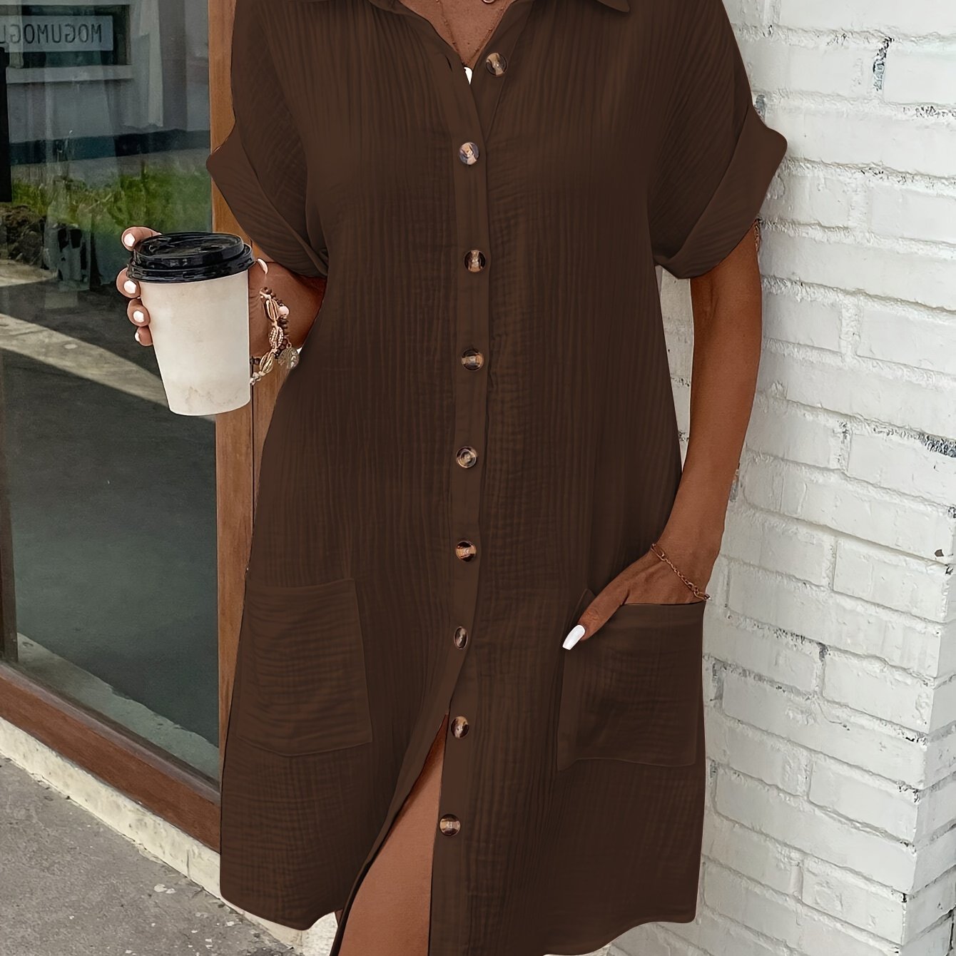 Effortless Textured Shirt Dress for Women with Collar Short Sleeve Button Front Relaxed Casual Style