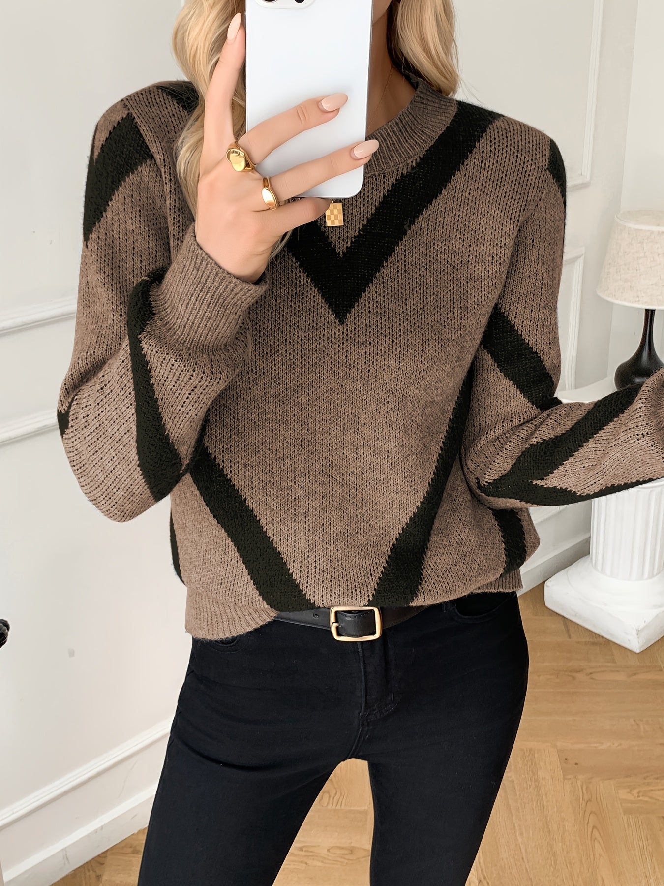 Ladies' Fashion Sweater, Autumn and Winter Style, Striped Pattern, Unisex Elasticity, Suitable for Casual Ladies' Versatile Pullover Shirt Top