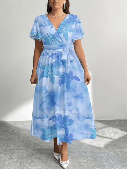 Plus Size - Plus Size - Plus Size Women'S Summer Printed Round Neck Short Sleeve Raglan Long Dress, Christmas Women'S Long Set