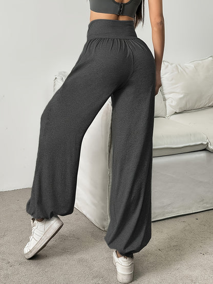 1pc Women'S High-Waist Comfortable Running Pants - Stretchy Soft Wide-Leg Casual Trousers, Suitable for Running And Fitness, Solid Color, All-Season