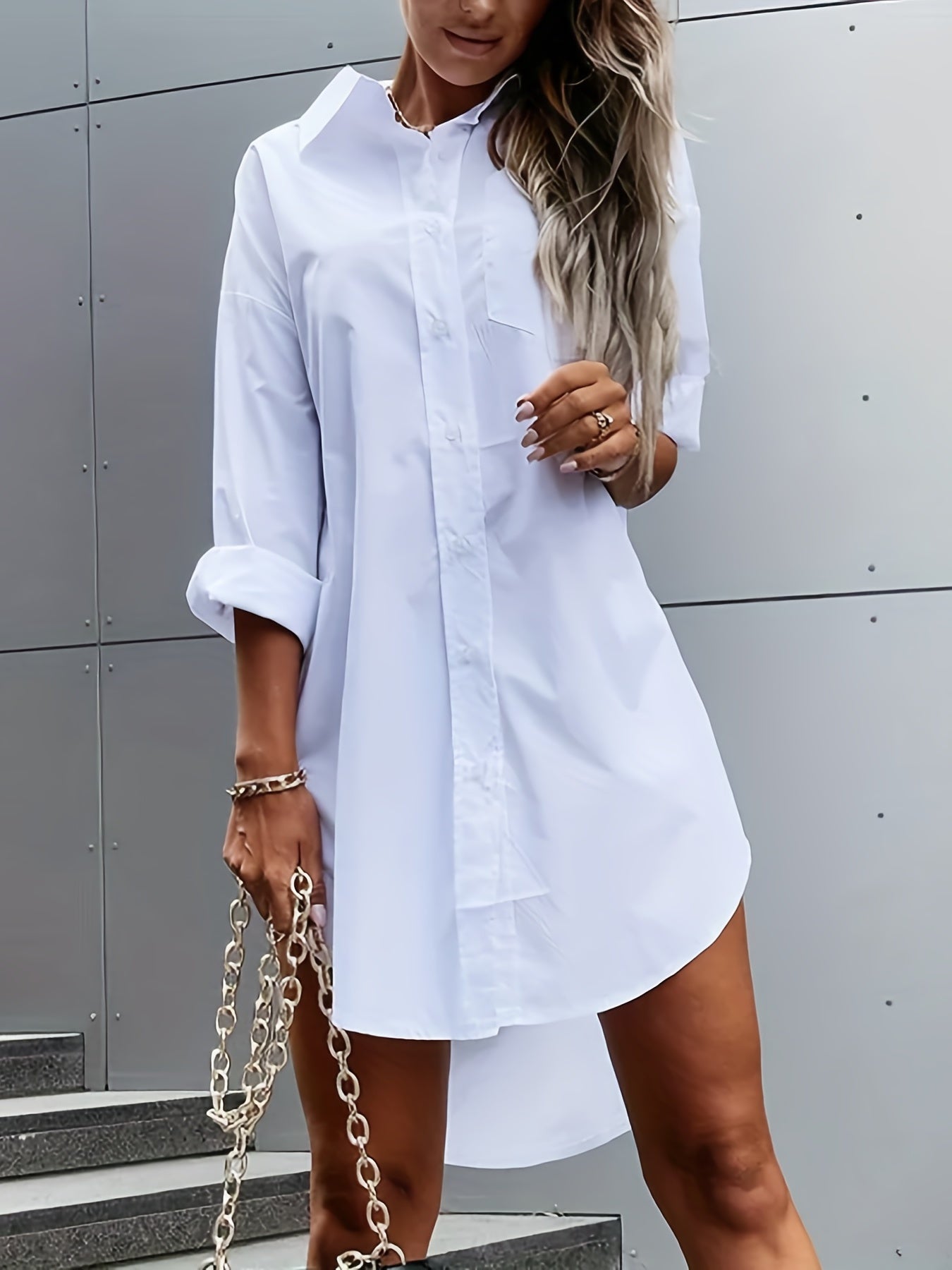 Effortless Oversized Shirt Dress for Women with Collar Long Sleeve High Low Hem Casual Style