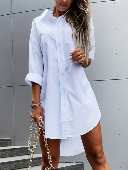 Effortless Oversized Shirt Dress for Women with Collar Long Sleeve High Low Hem Casual Style