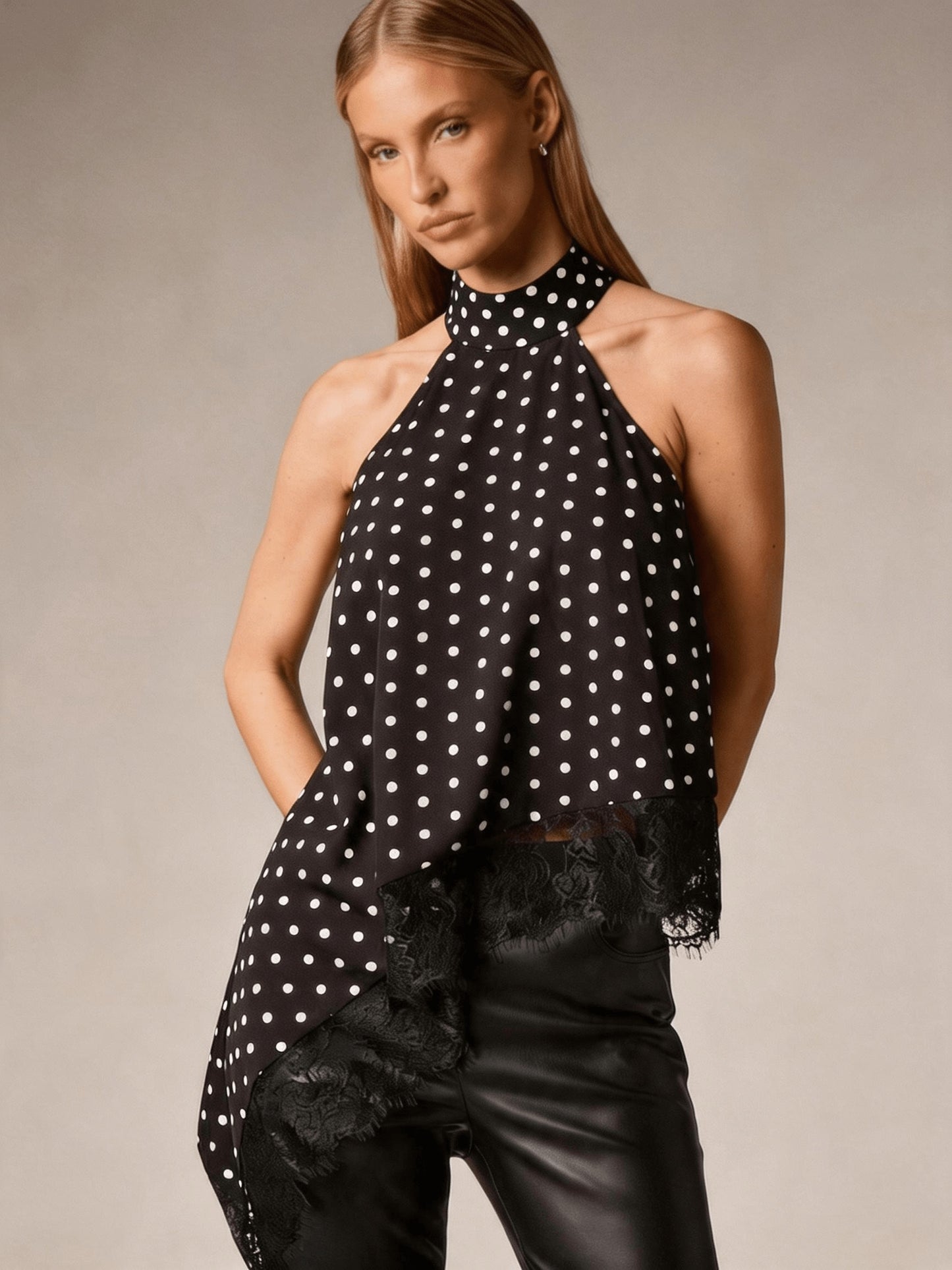 Elegant Satin Halter Top for Women with High Neck Sleeveless Lace Trim Asymmetric Flowing Style