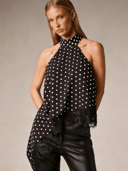 Elegant Satin Halter Top for Women with High Neck Sleeveless Lace Trim Asymmetric Flowing Style