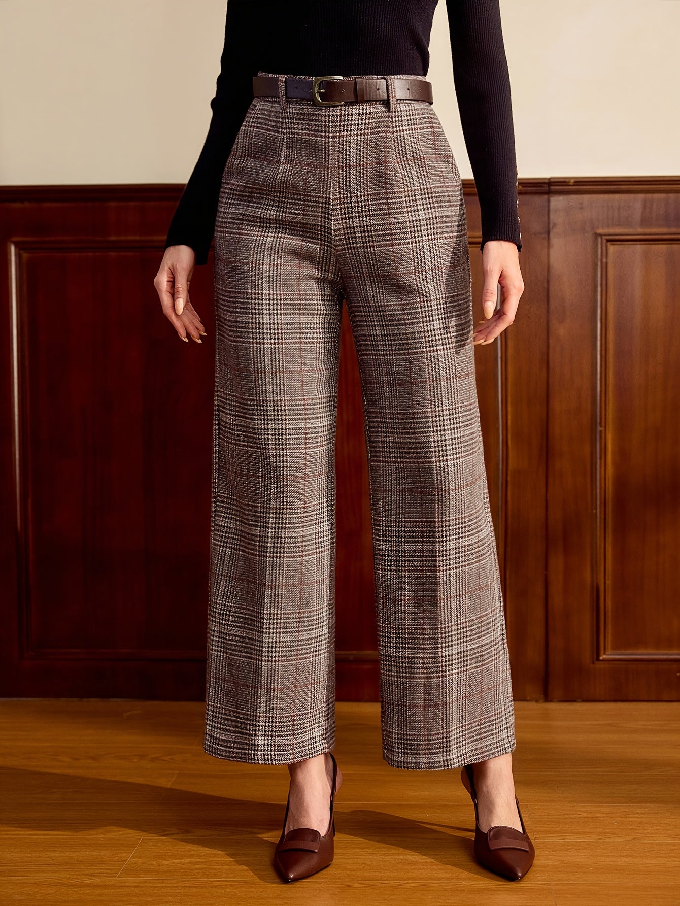 Elegant Lattice Plaid Wide Leg Pants for Women with High Waist Belted Tailored Relaxed Style