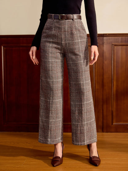 Elegant Lattice Plaid Wide Leg Pants for Women with High Waist Belted Tailored Relaxed Style