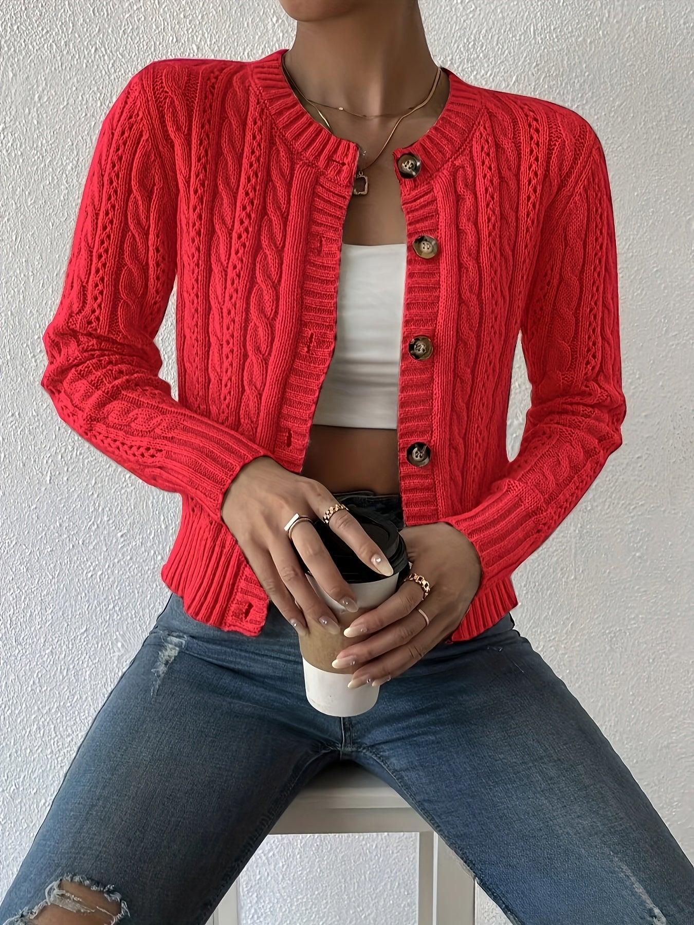 Comfortable Cable Knit Cardigan Sweater for Women with Crew Neck Long Sleeve Button Front Cropped Casual Style