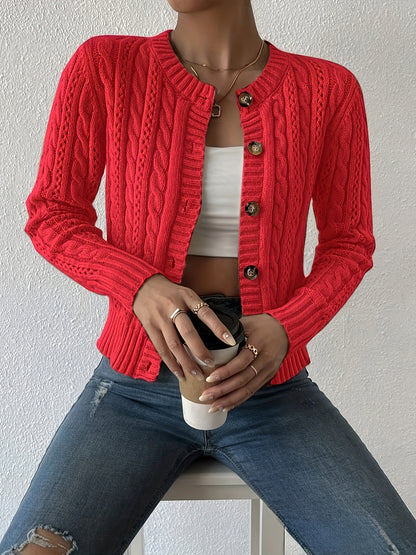 Comfortable Cable Knit Cardigan Sweater for Women with Crew Neck Long Sleeve Button Front Cropped Casual Style