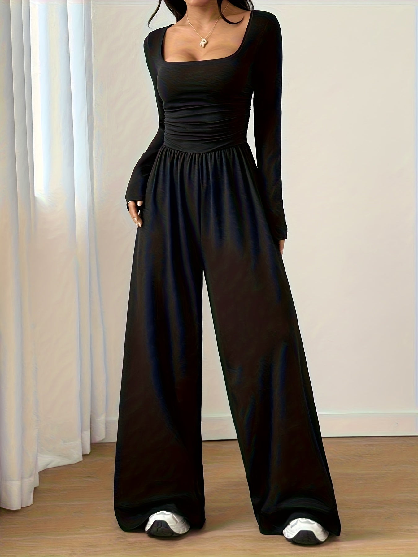 Women's Classic Casual Solid Color Square Neck Long Sleeve Jumpsuit