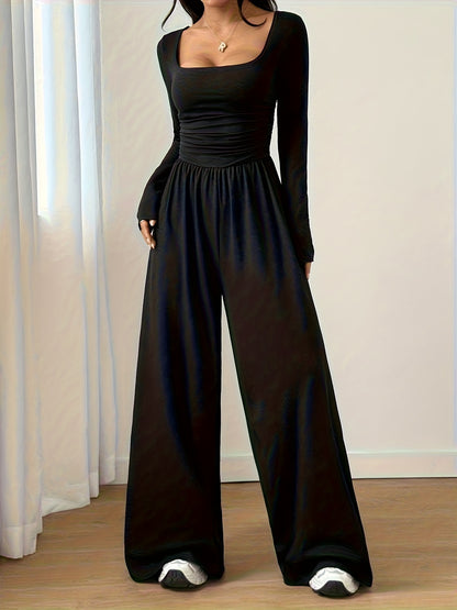 Women's Classic Casual Solid Color Square Neck Long Sleeve Jumpsuit
