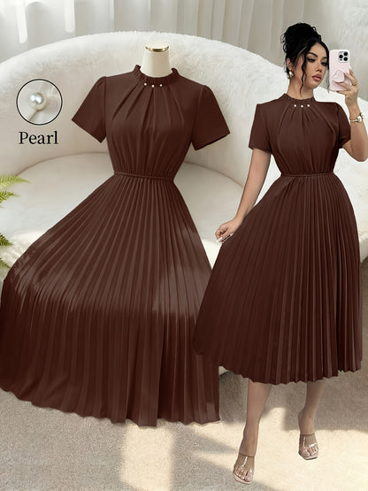 ZLLZ Trendy Summer New Style Women'S Solid Color Teardrop Back Collar Light Luxury Pearl Button Decoration with Waist-Cinching Pleated A-Line Design, Fashionable And, Women'S Fashion Dress Party Elegant Style Dress