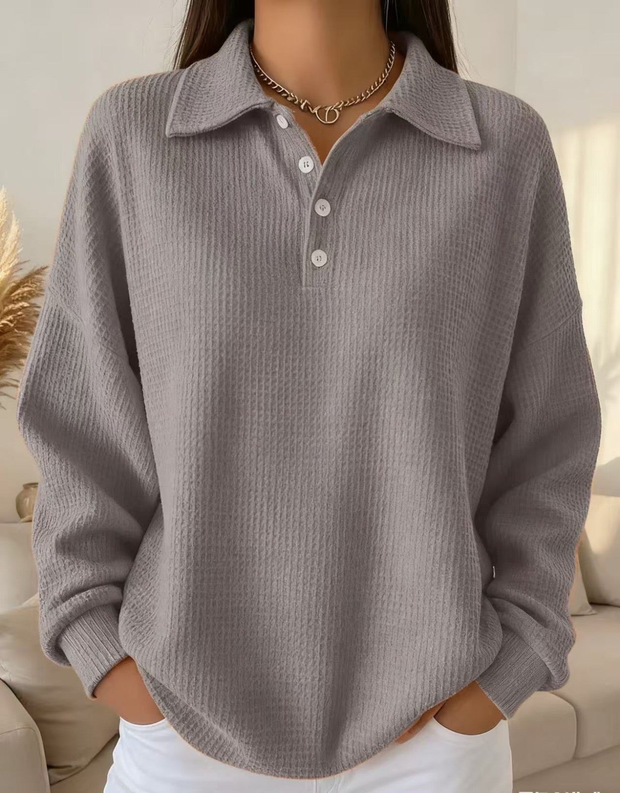 Effortless Waffle Knit Polo Sweater for Women with Collar Long Sleeve Button Placket Oversized Style