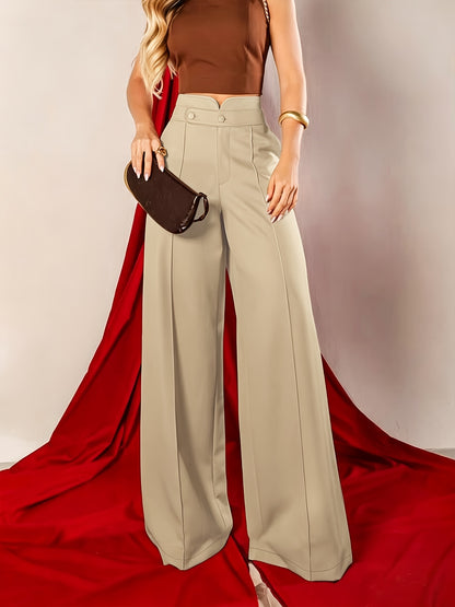 Elegant Khaki Wide Leg Pants for Women with High Waist Pintuck Tailored Formal Style