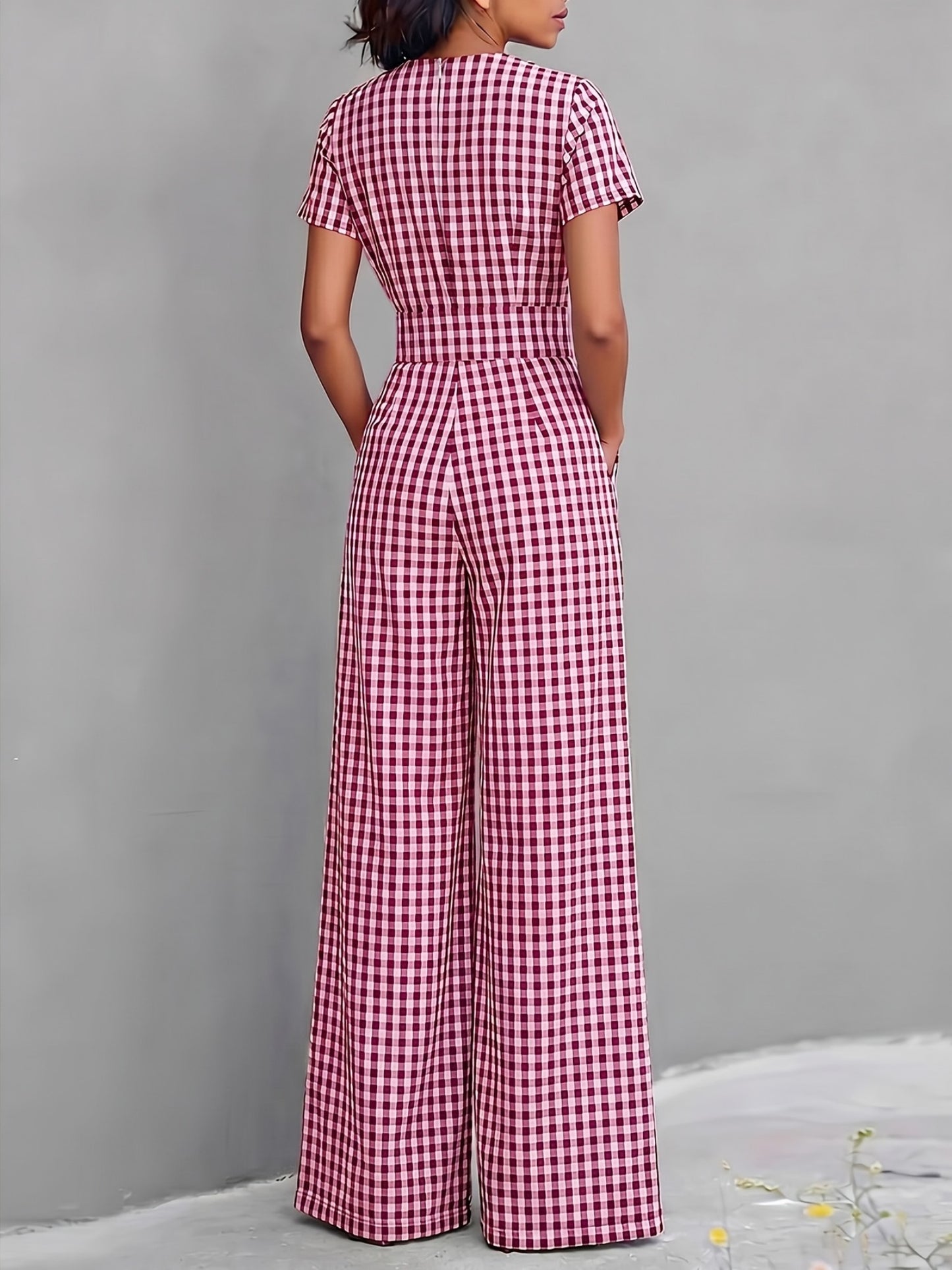 2026 Spring Summer New Plaid V-Neck Short Sleeve Jumpsuit Women'S High-Waist Wide-Leg Straight Long Pants, Women'S Commute Casual Two-Wear Jumpsuit, High-Waist Waist-Cinching Design with Flowing Wide-Leg Trousers