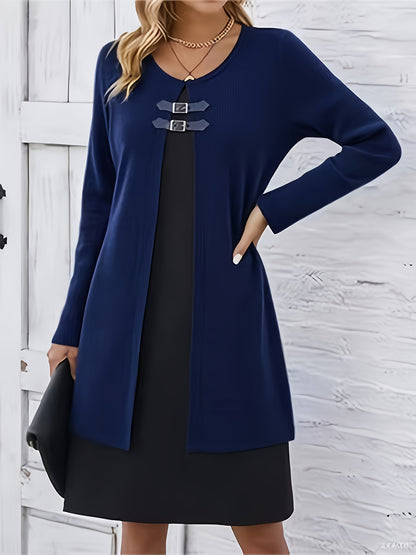 Comfortable Ribbed Knit Sweater Dress for Women with Round Neck Long Sleeve Buckle Detail Layered Style