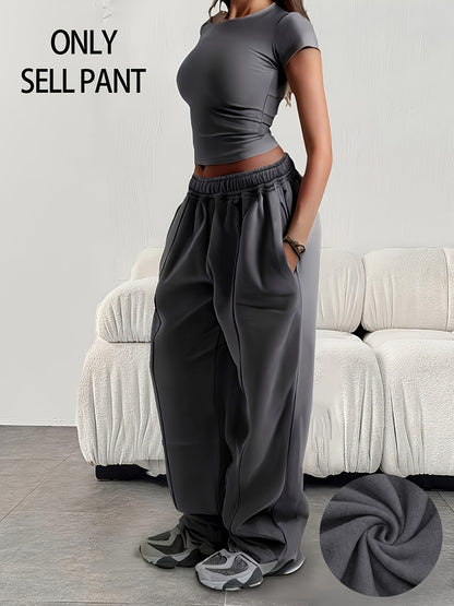 Effortless Fleece Wide Leg Sweatpants for Women with High Waist Elastic Side Pocket Relaxed Casual Style