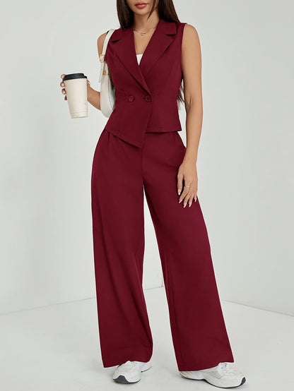 Effortless Navy Blue Two Piece Set for Women with Lapel Collar Sleeveless Vest Wide Leg Pant Casual Style