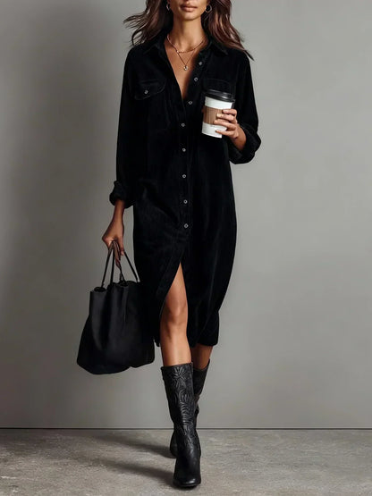 Elegant Corduroy Shirt Dress for Women with Collar Long Sleeve Button Front Side Slit Casual Style