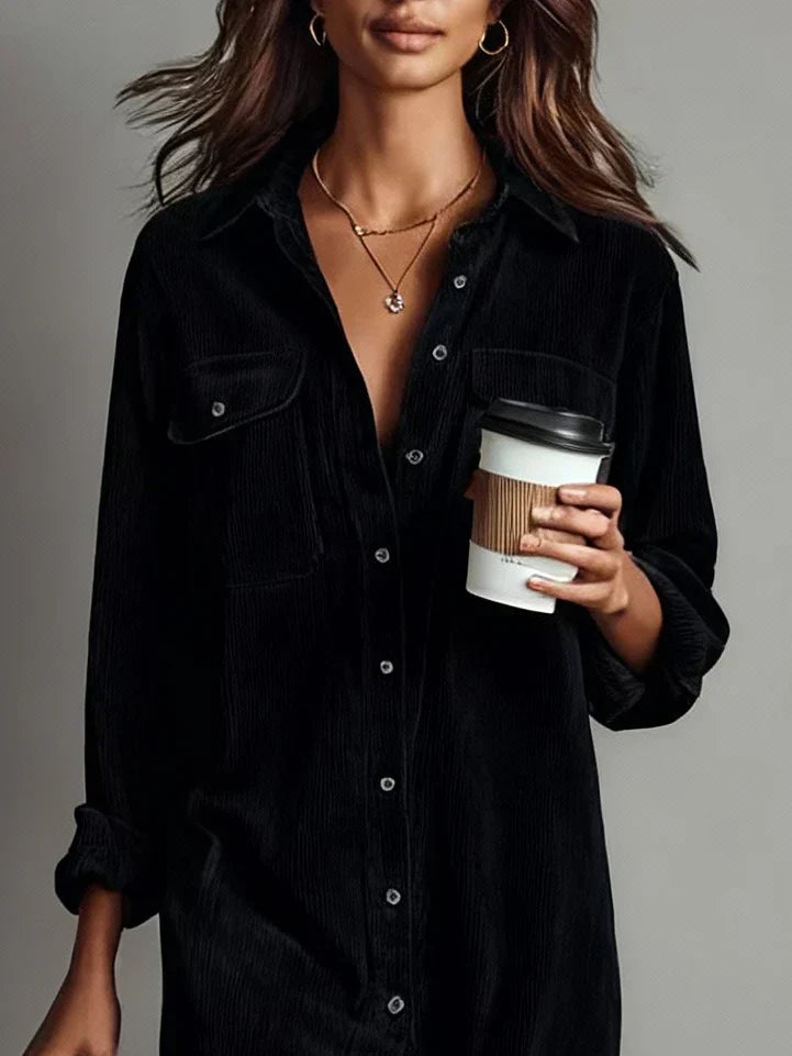 Elegant Corduroy Shirt Dress for Women with Collar Long Sleeve Button Front Side Slit Casual Style