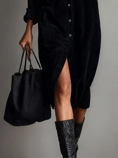 Elegant Corduroy Shirt Dress for Women with Collar Long Sleeve Button Front Side Slit Casual Style