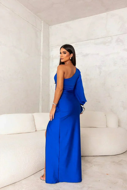 Elegant Satin Maxi Dress for Women with One Shoulder Long Sleeve Twist Front High Slit Cocktail Style