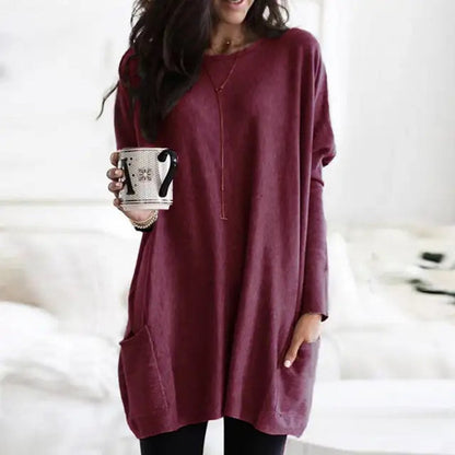 Comfortable Knit Tunic Top for Women with Round Neck Long Sleeve Oversized Pocket Relaxed Style