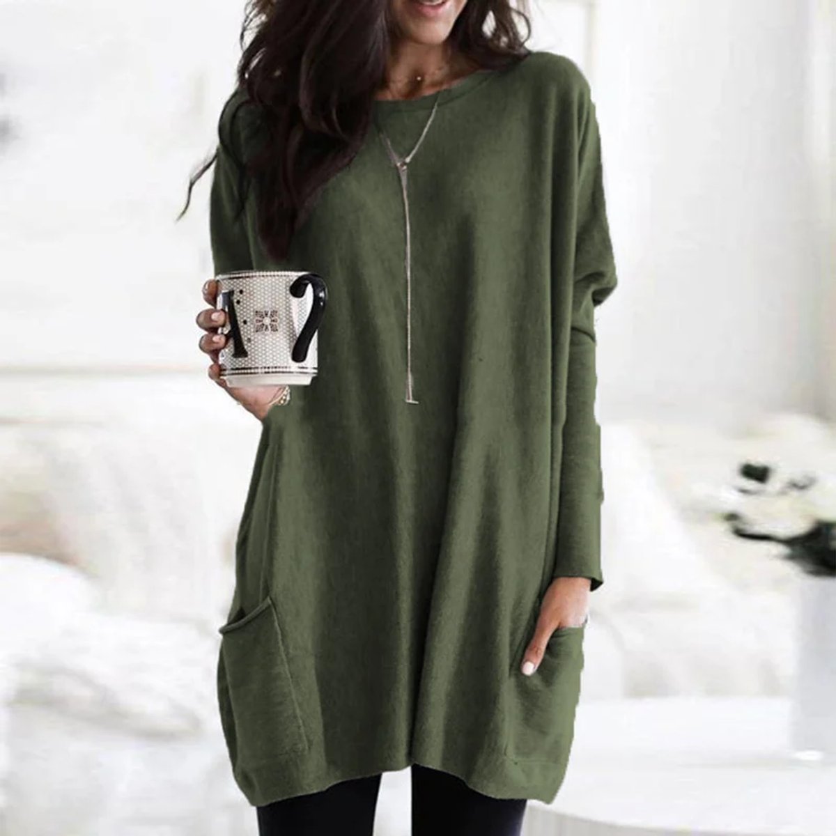 Comfortable Knit Tunic Top for Women with Round Neck Long Sleeve Oversized Pocket Relaxed Style