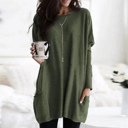 Comfortable Knit Tunic Top for Women with Round Neck Long Sleeve Oversized Pocket Relaxed Style