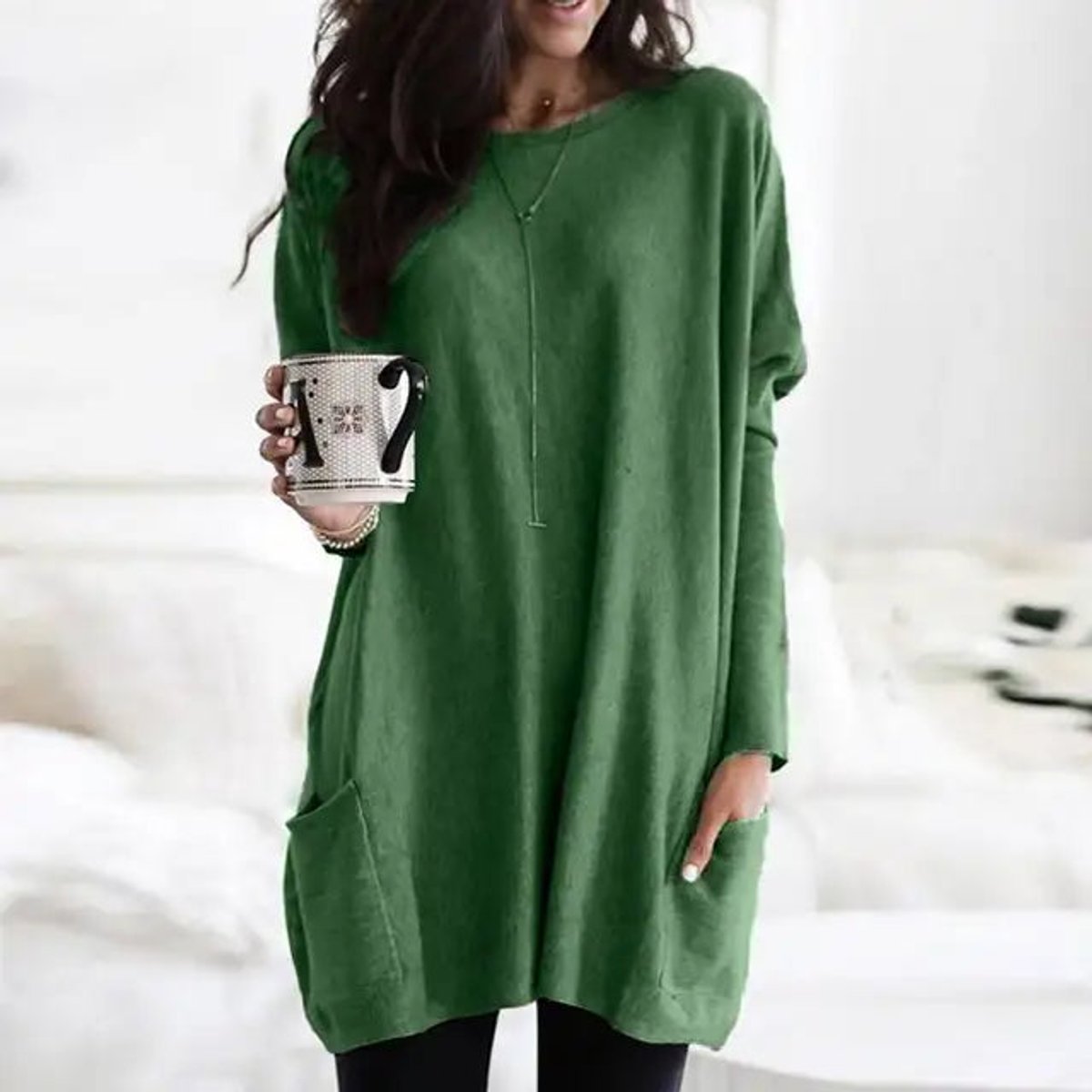 Comfortable Knit Tunic Top for Women with Round Neck Long Sleeve Oversized Pocket Relaxed Style