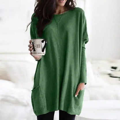 Comfortable Knit Tunic Top for Women with Round Neck Long Sleeve Oversized Pocket Relaxed Style