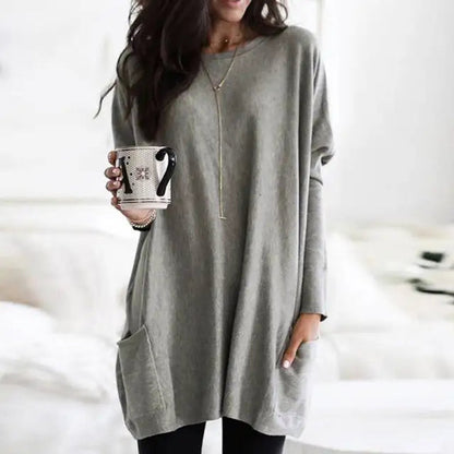 Comfortable Knit Tunic Top for Women with Round Neck Long Sleeve Oversized Pocket Relaxed Style