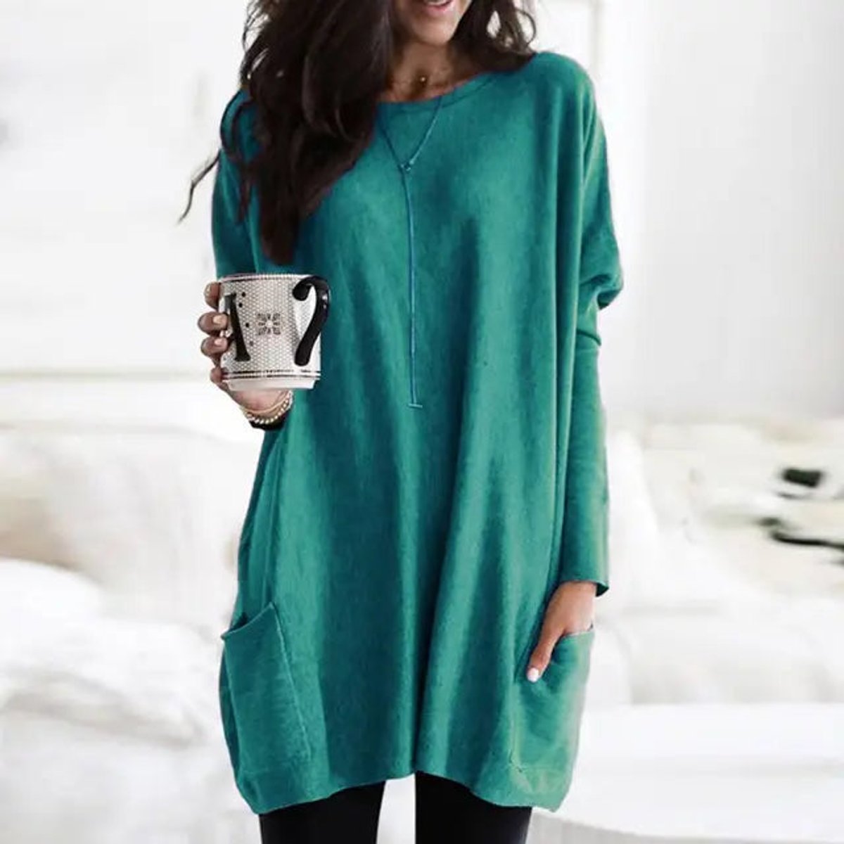 Comfortable Knit Tunic Top for Women with Round Neck Long Sleeve Oversized Pocket Relaxed Style