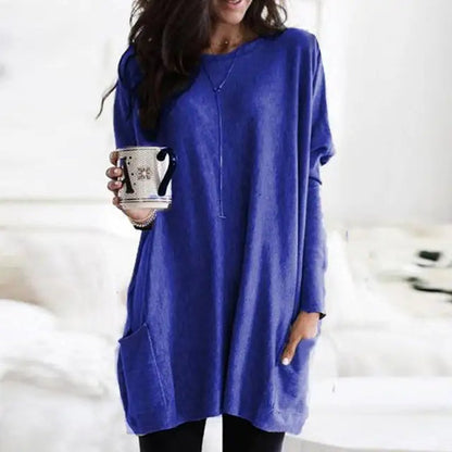 Comfortable Knit Tunic Top for Women with Round Neck Long Sleeve Oversized Pocket Relaxed Style