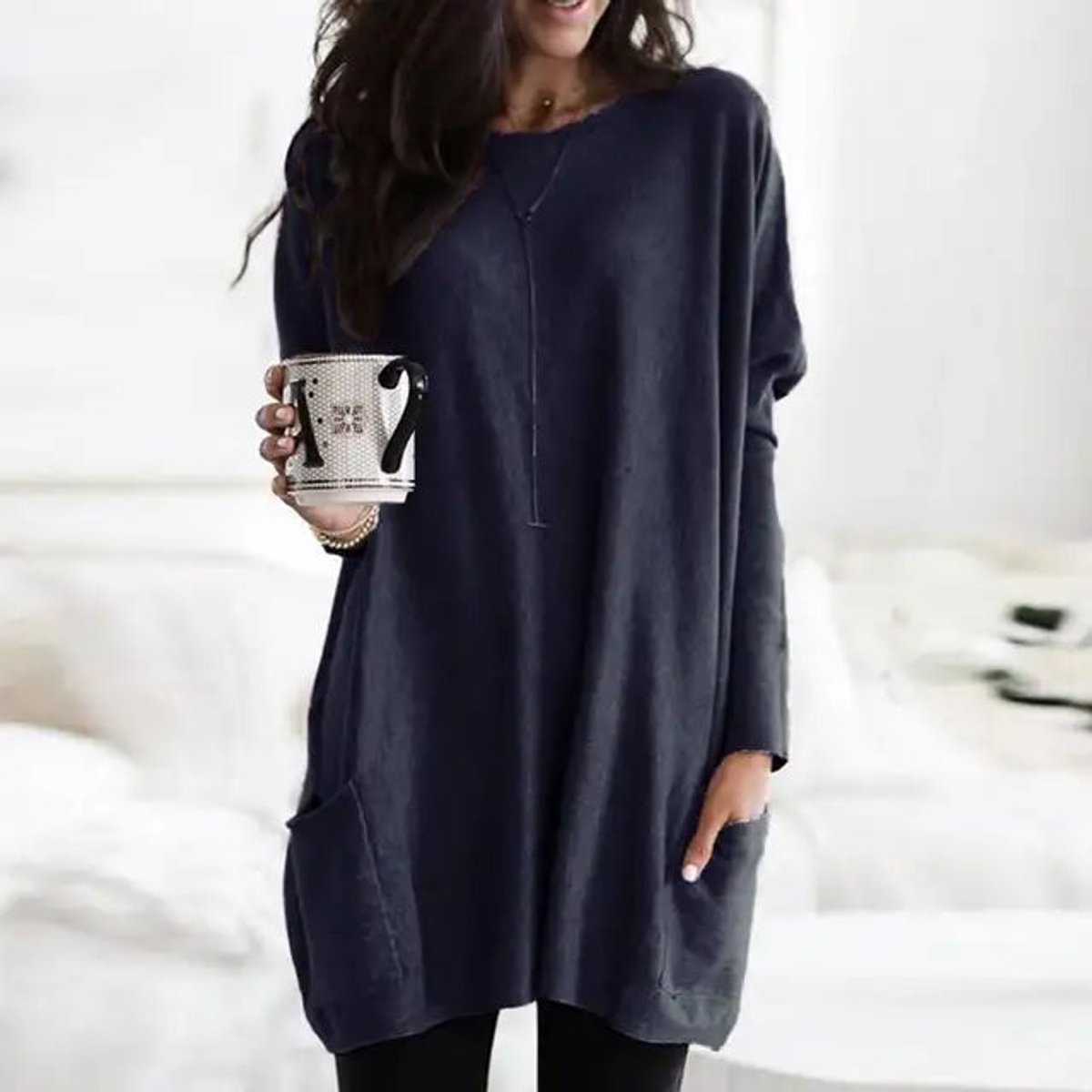 Comfortable Knit Tunic Top for Women with Round Neck Long Sleeve Oversized Pocket Relaxed Style
