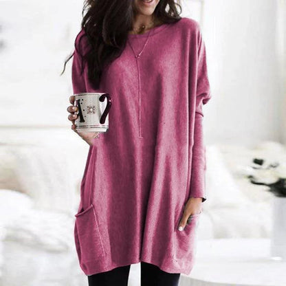 Comfortable Knit Tunic Top for Women with Round Neck Long Sleeve Oversized Pocket Relaxed Style