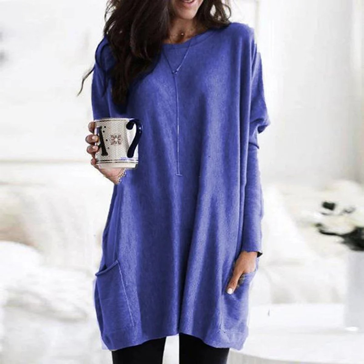 Comfortable Knit Tunic Top for Women with Round Neck Long Sleeve Oversized Pocket Relaxed Style