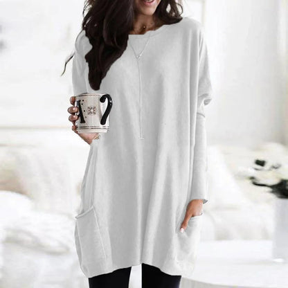 Comfortable Knit Tunic Top for Women with Round Neck Long Sleeve Oversized Pocket Relaxed Style
