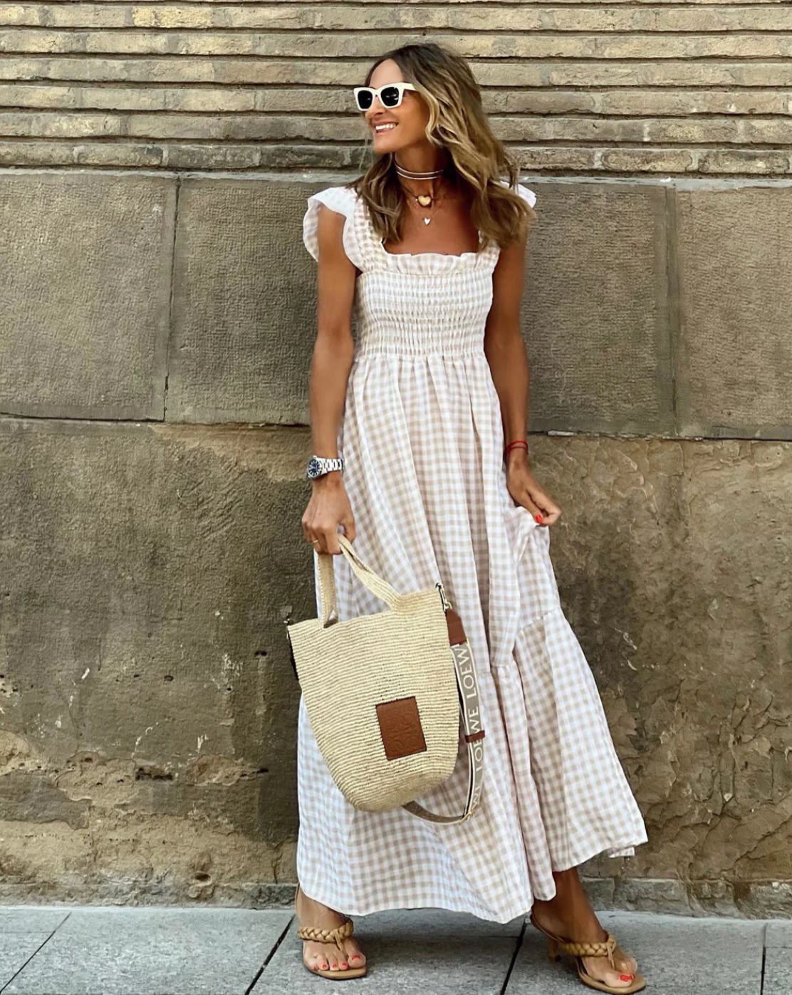 Effortless Gingham Maxi Dress for Women with Square Neck Ruffle Sleeve Smocked Tiered Bohemian Style