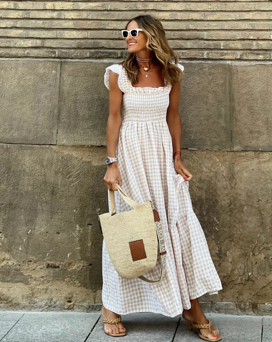Effortless Gingham Maxi Dress for Women with Square Neck Ruffle Sleeve Smocked Tiered Bohemian Style