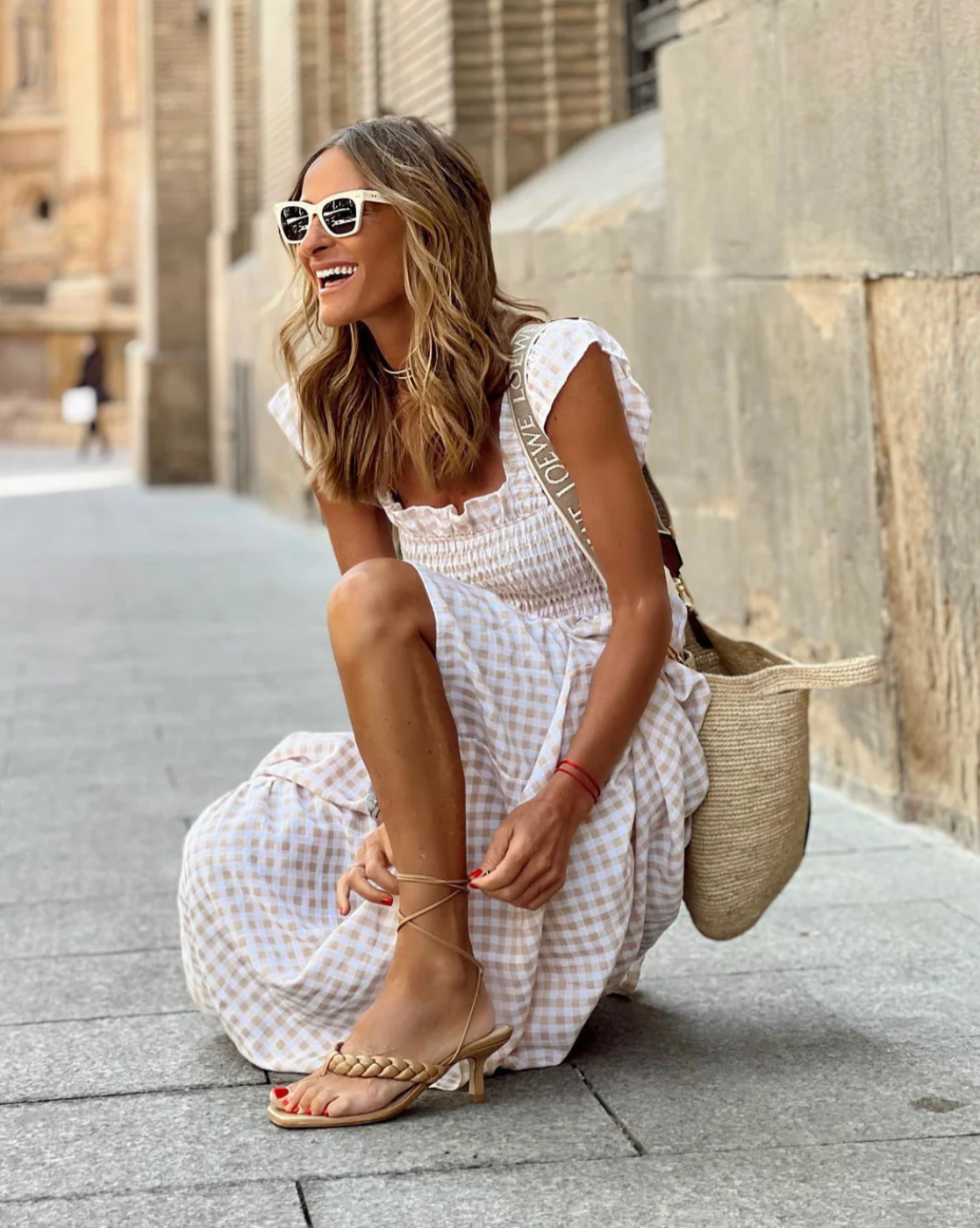 Effortless Gingham Maxi Dress for Women with Square Neck Ruffle Sleeve Smocked Tiered Bohemian Style
