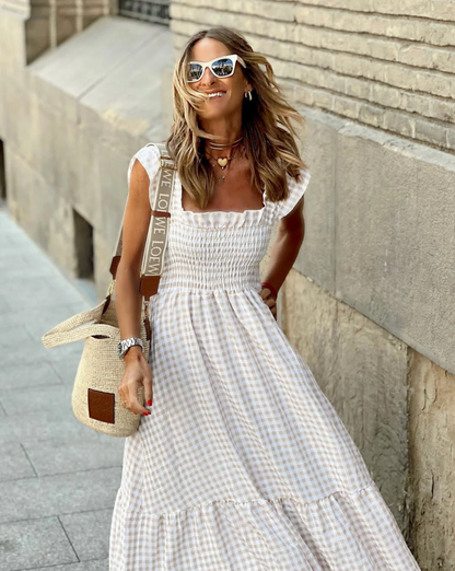 Effortless Gingham Maxi Dress for Women with Square Neck Ruffle Sleeve Smocked Tiered Bohemian Style