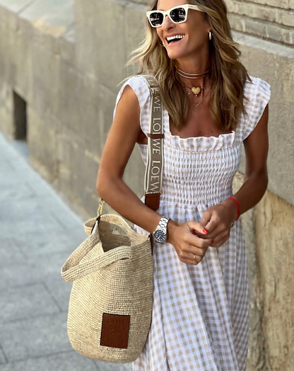 Effortless Gingham Maxi Dress for Women with Square Neck Ruffle Sleeve Smocked Tiered Bohemian Style